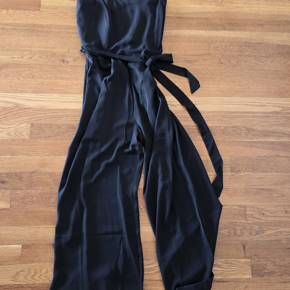 LOFT Black Strapless Wide-Leg Jumpsuit with Waist Tie - Picture 2 of 3
